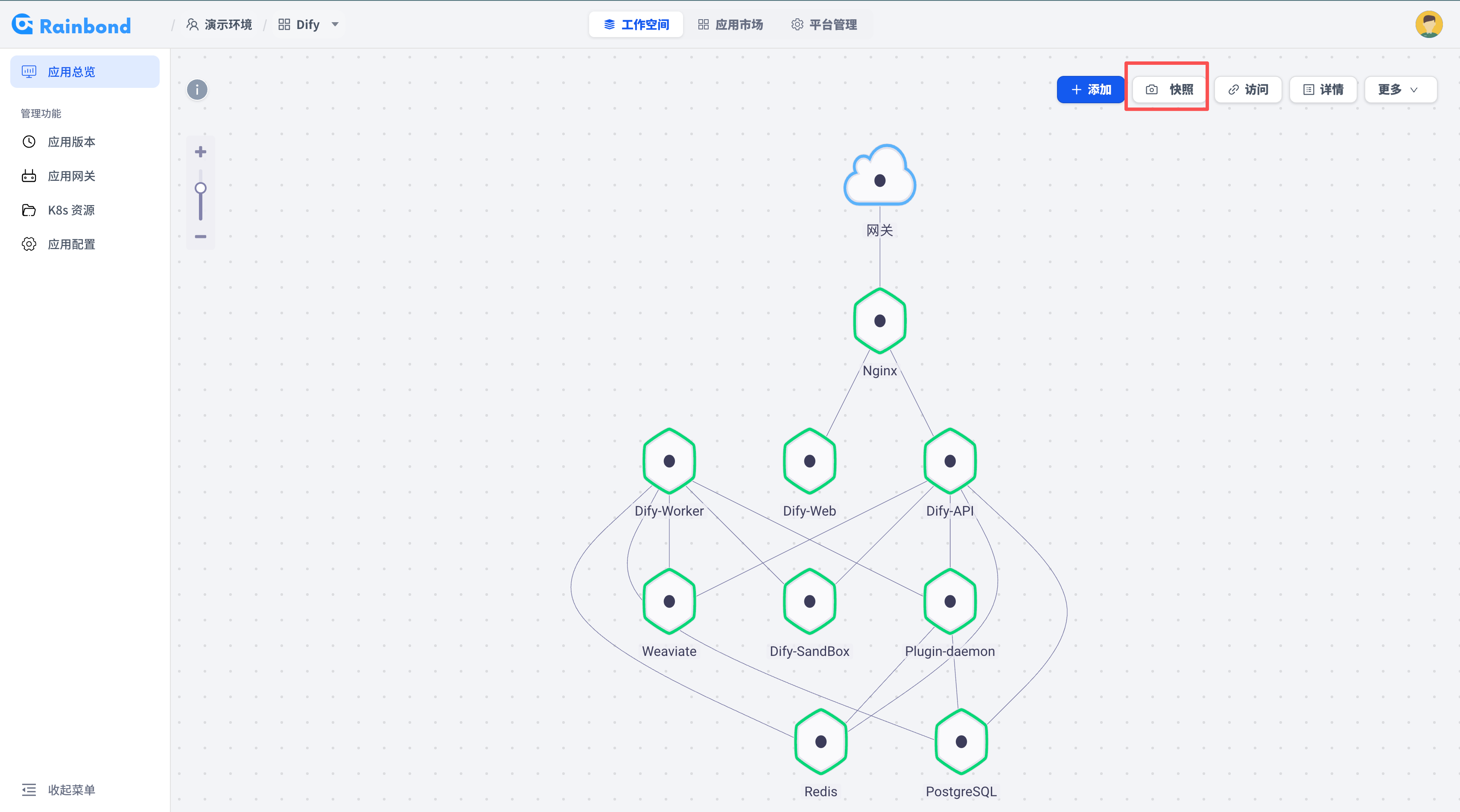 在应用总览中进入快照创建入口的截图