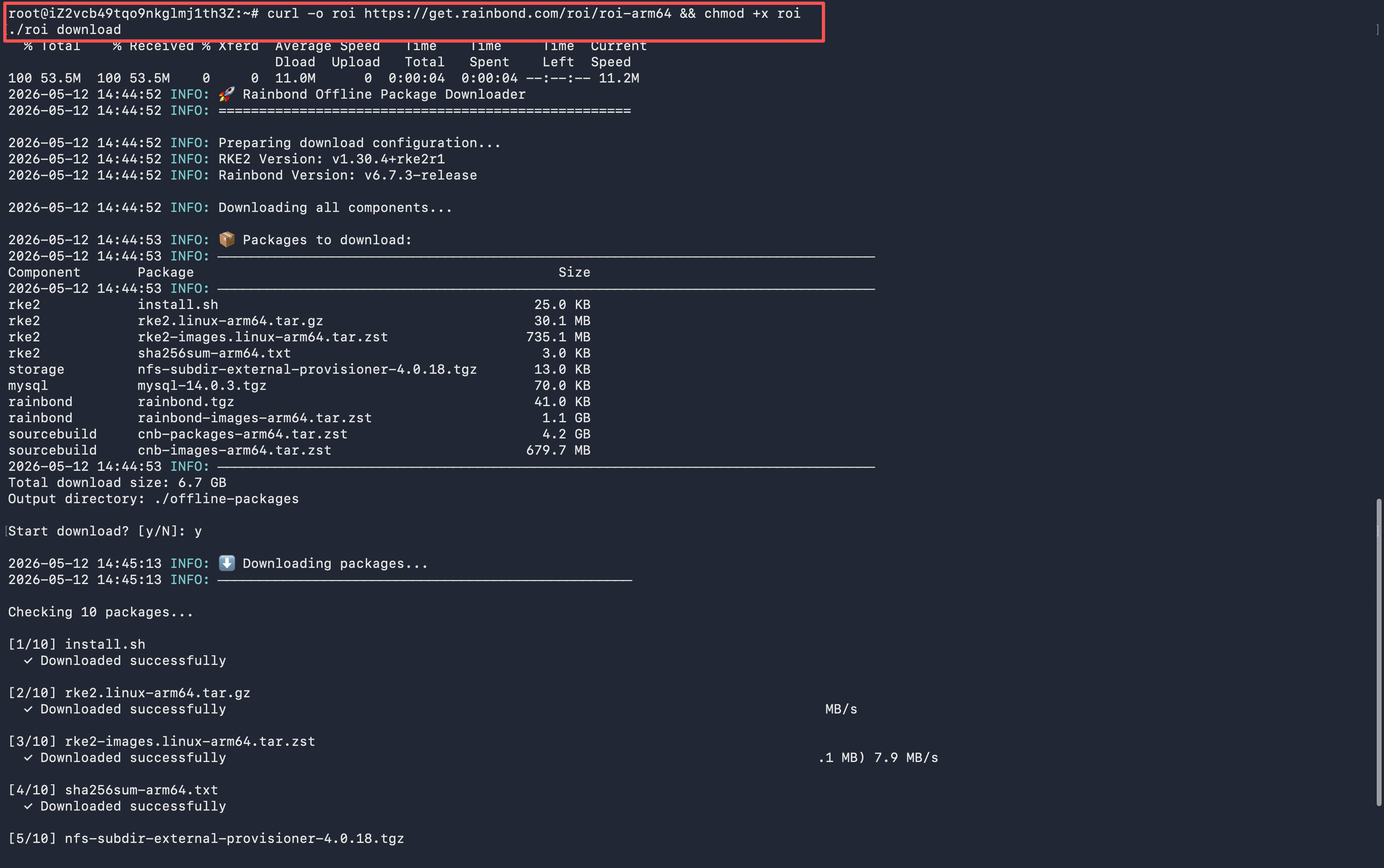在有网环境下载 ARM 版 ROI 和 Rainbond 离线安装包的终端截图