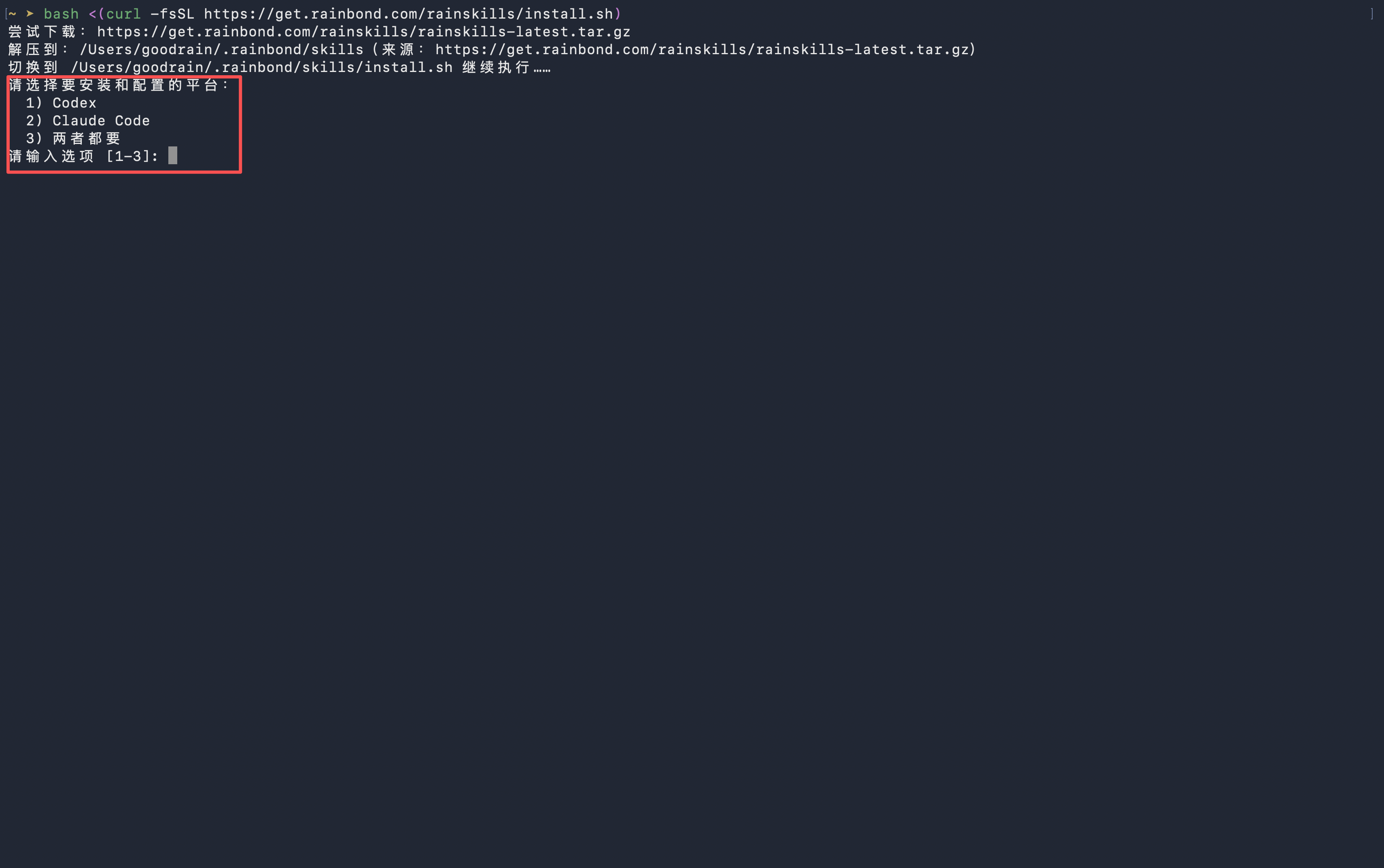 RainSkills 安装过程中选择 Codex 或 Claude Code 的终端截图
