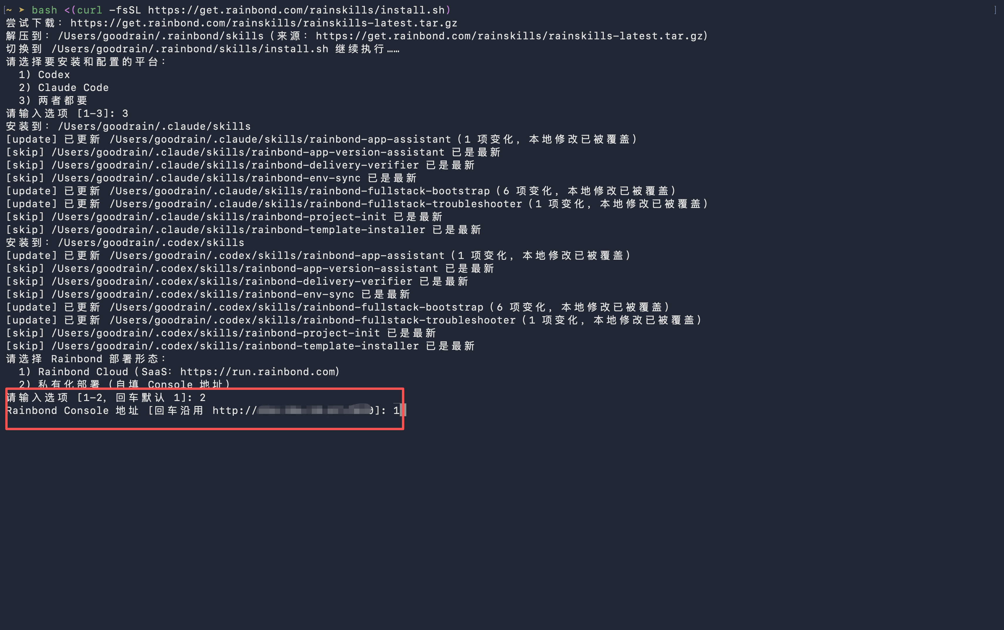 RainSkills 安装过程中选择 Rainbond Cloud 或私有化部署的终端截图